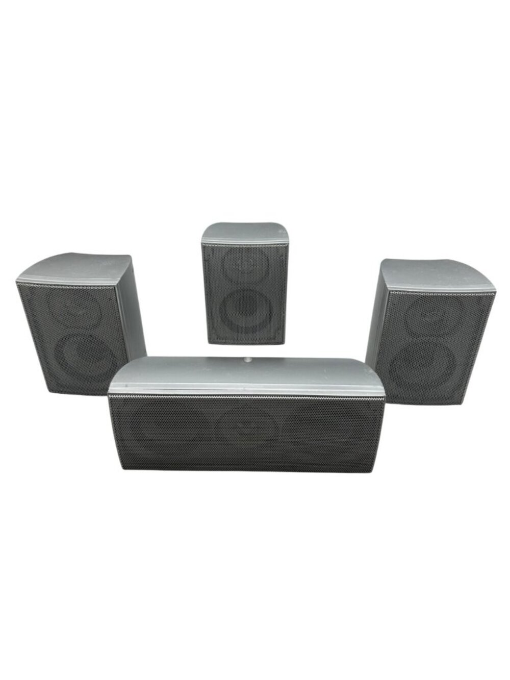 set of 4 Surround Sound Speaker System In Silver Finish works READ